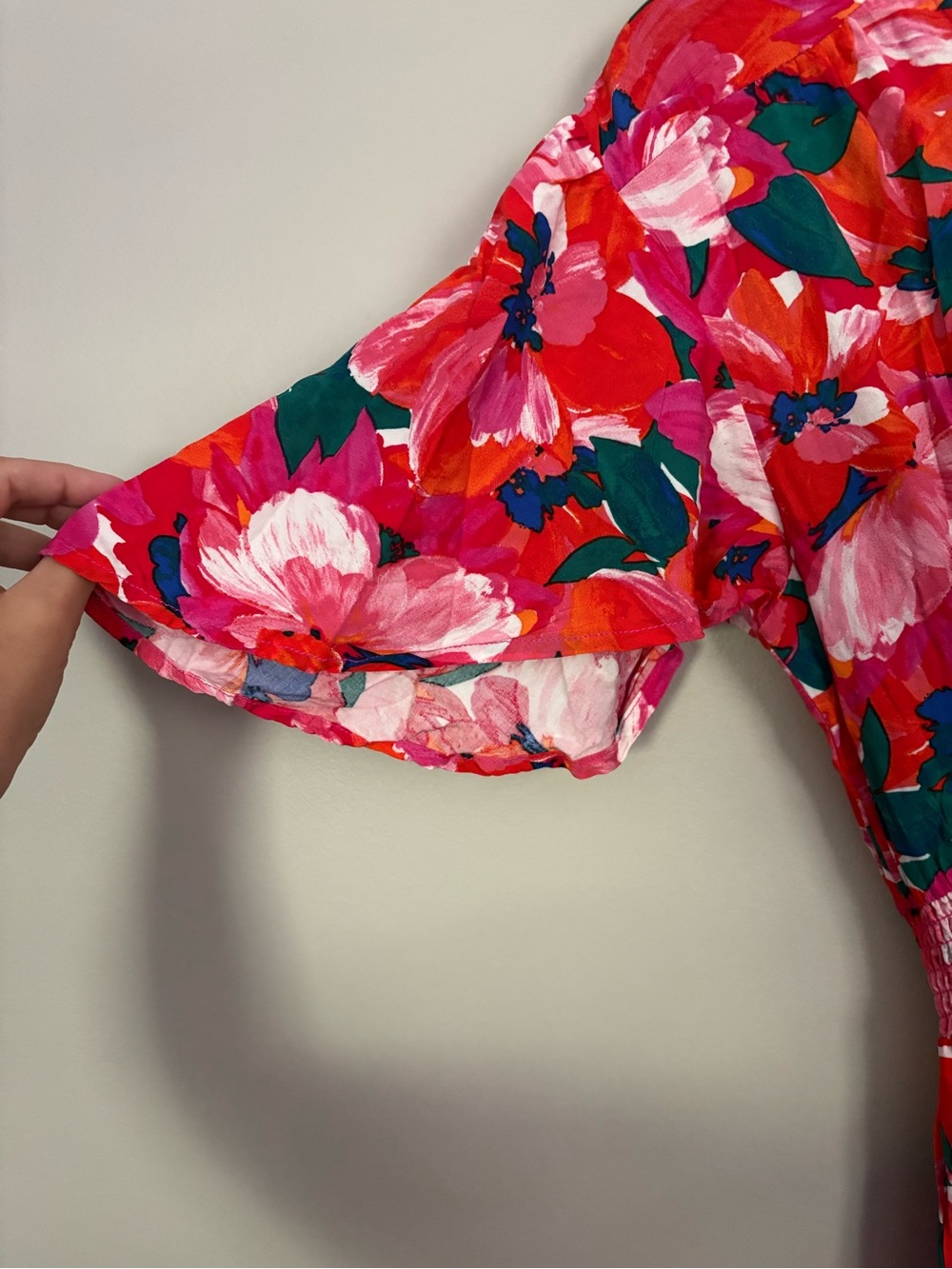 Abel the Label Pink Floral High Low Midi Dress L Flutter Sleeve Smocked Waist - Picture 5 of 9